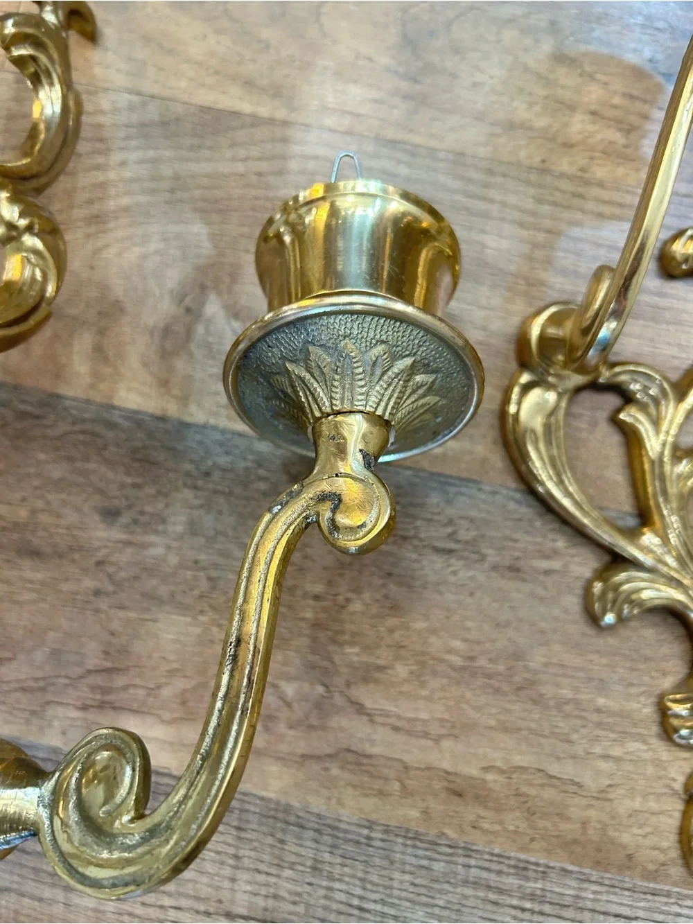 Ornate Brass Tone Double Arm Wall Candle Sconces Pair